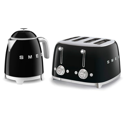 50'S Style Retro Range Breakfast Set 0.8L 1400W Mini Kettle And 4-Slice 2000W Toaster Black
