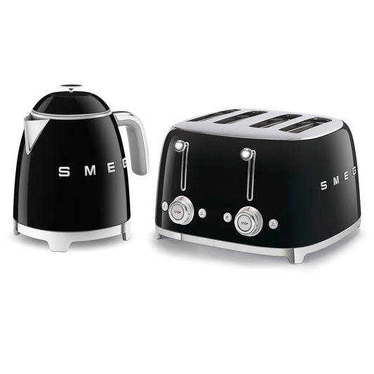 50'S Style Retro Range Breakfast Set 0.8L 1400W Mini Kettle And 4-Slice 2000W Toaster Black