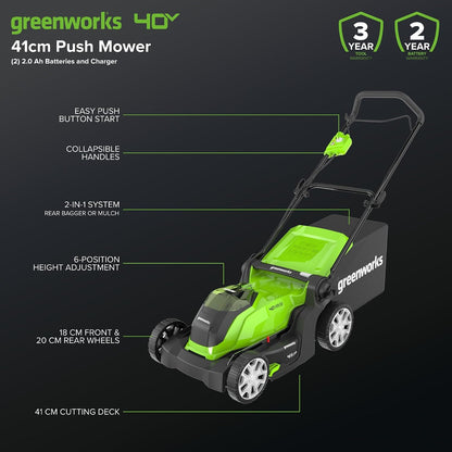 Cordless Lawnmower 41cm Cutting Width 50L Bag 2x 40V 2Ah Batteries