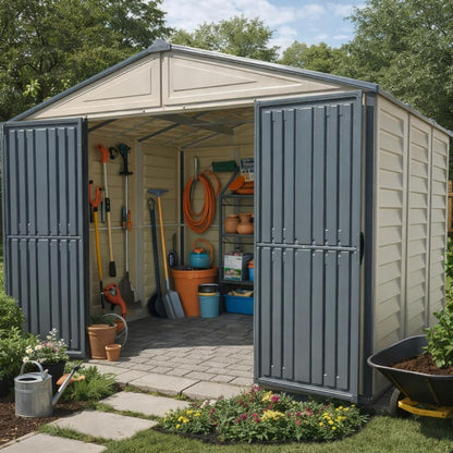 Plastic Garden Storage Shed 10.5 X 8 Ft Double Doors Lockable Dark Grey