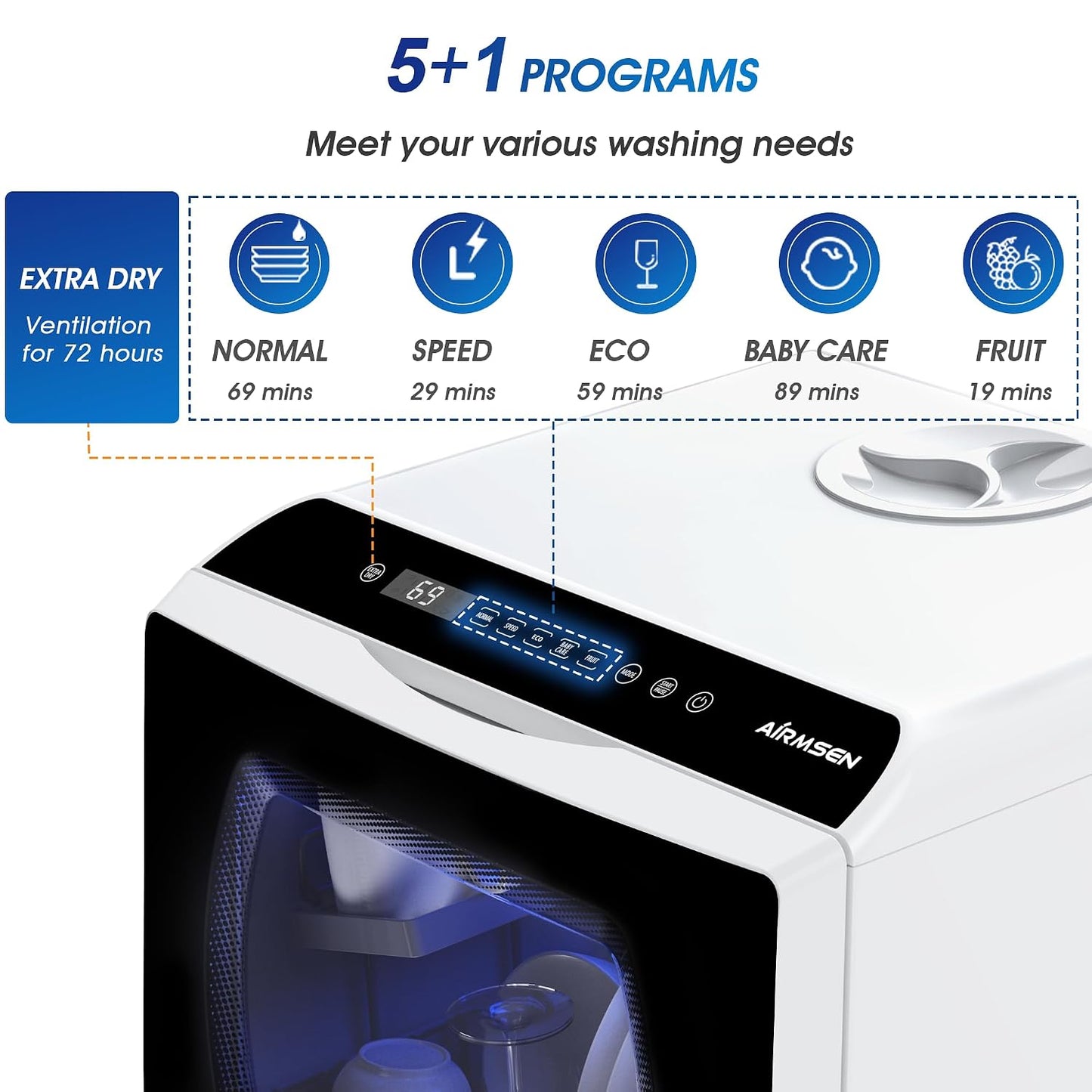 Mini Table Top Dishwasher 6 Programs Countertop Portable Dual Water Supply Baby Care Mode