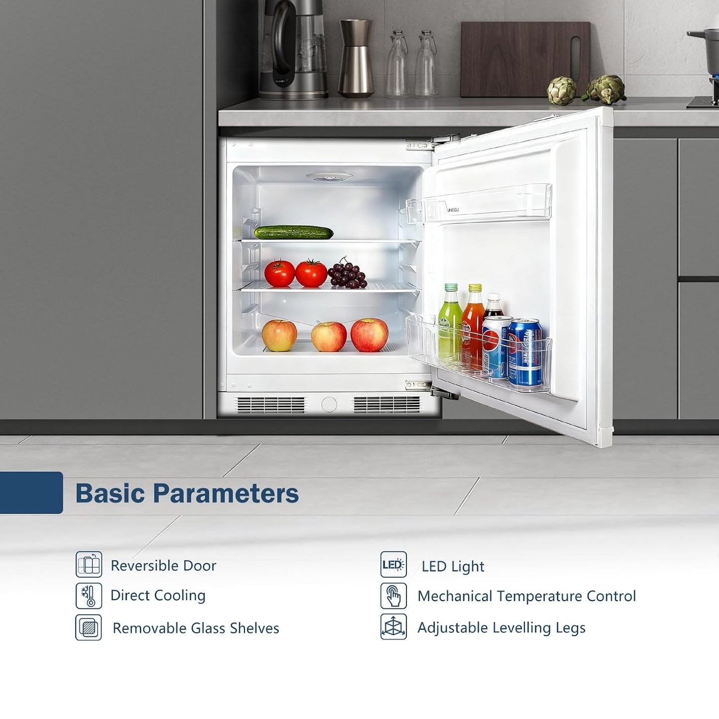 Integrated Under Counter Fridge 110L LED Light Reversible Door White