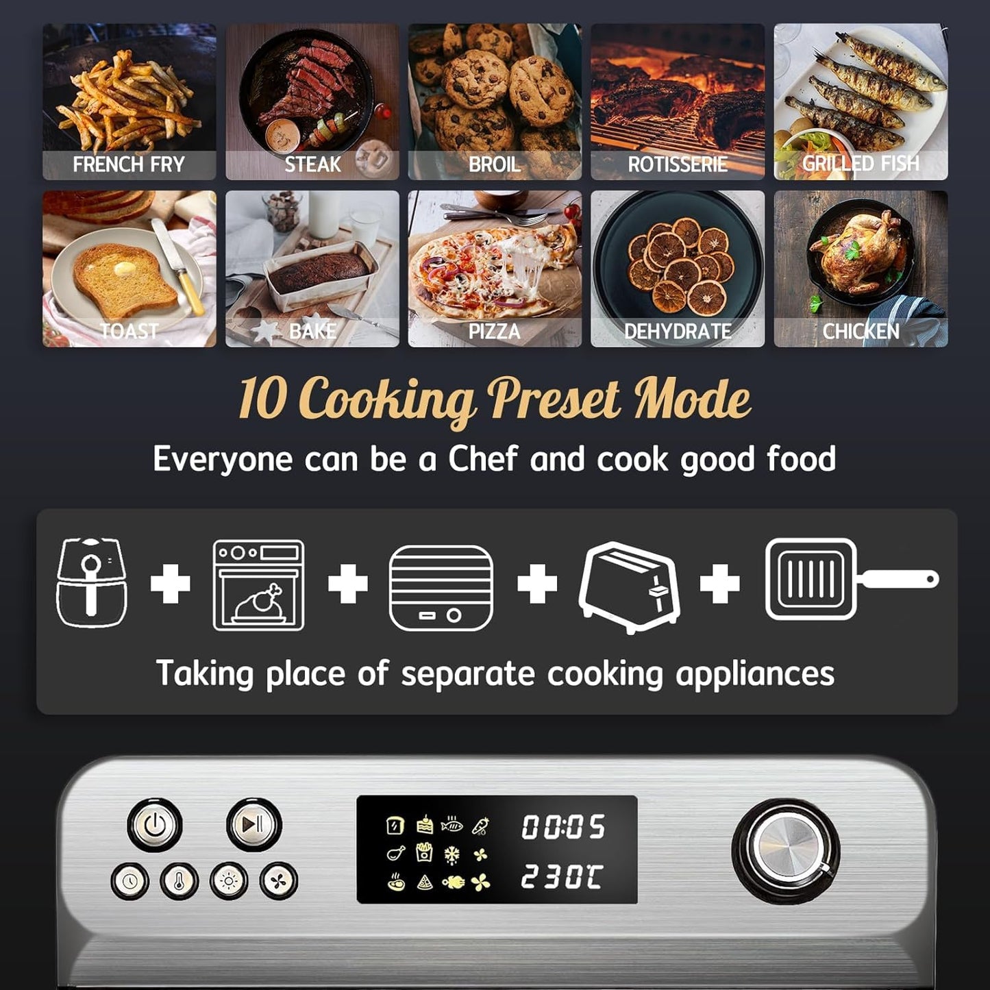 Air Fryer Oven 24L 1800W 10-in-1 Rotisserie Digital Knob Silver