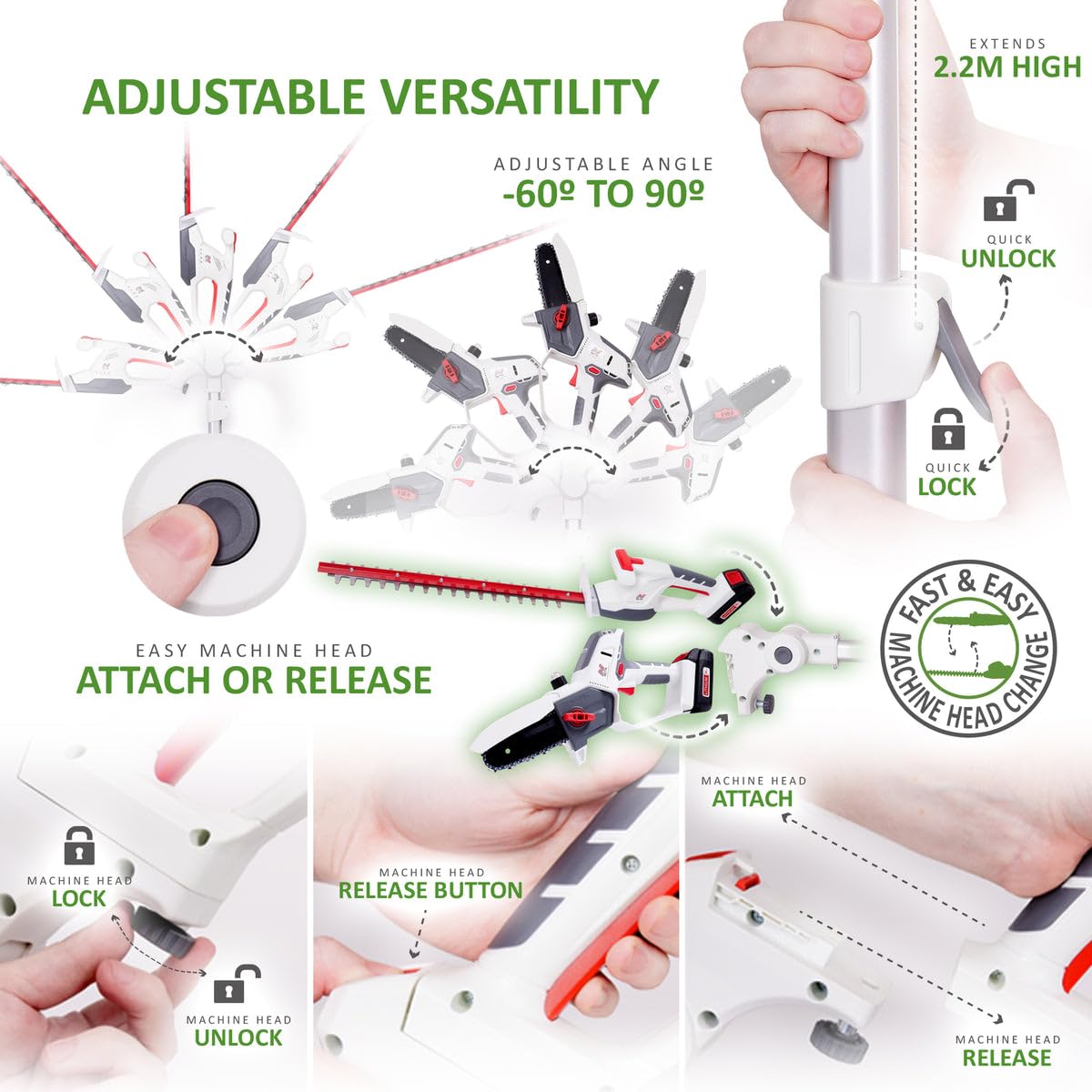 Cordless Hedge Trimmer & Chainsaw 4-In-1 20V Battery Powered Pole Saw White