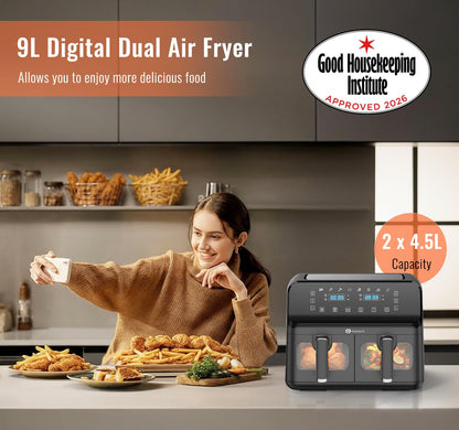 Dual Air Fryer 9L 2500W 8 Presets Digital Display Black