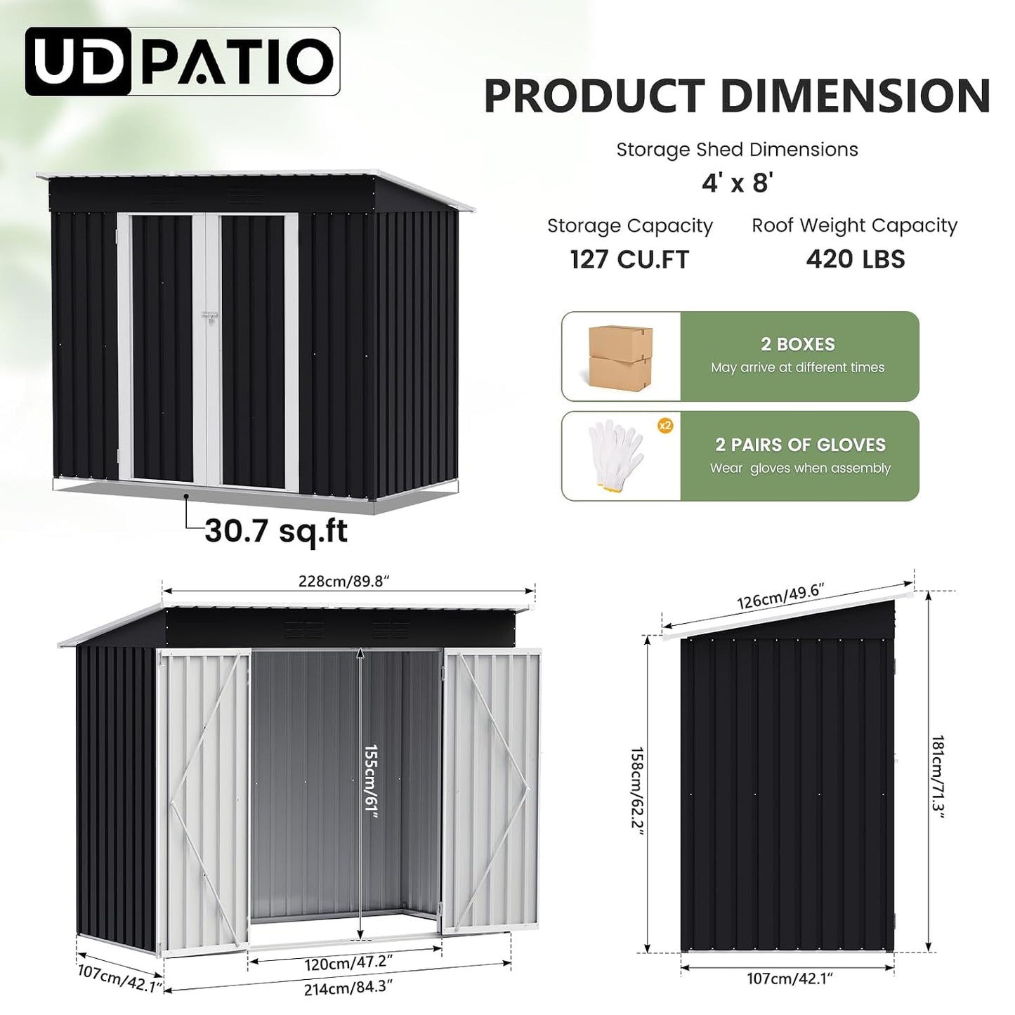Metal Garden Storage Shed 8 X 4 Ft Dark Grey Alloy Steel Lockable Door