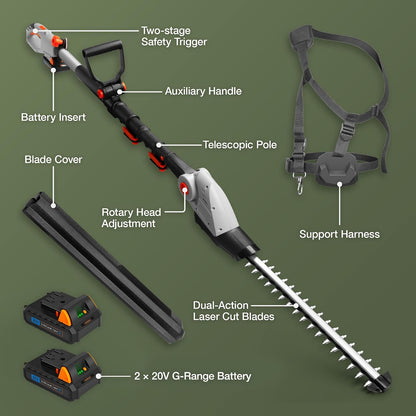 Cordless Pole Hedge Trimmer 193-244Cm 20V 2 Batteries Harness Grey