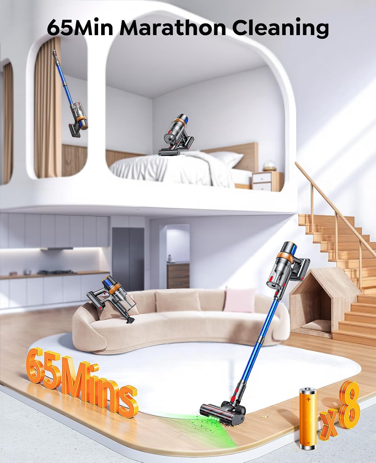 Cordless Stick Vacuum Cleaner 600W 50kPa Suction 65min Runtime Blue