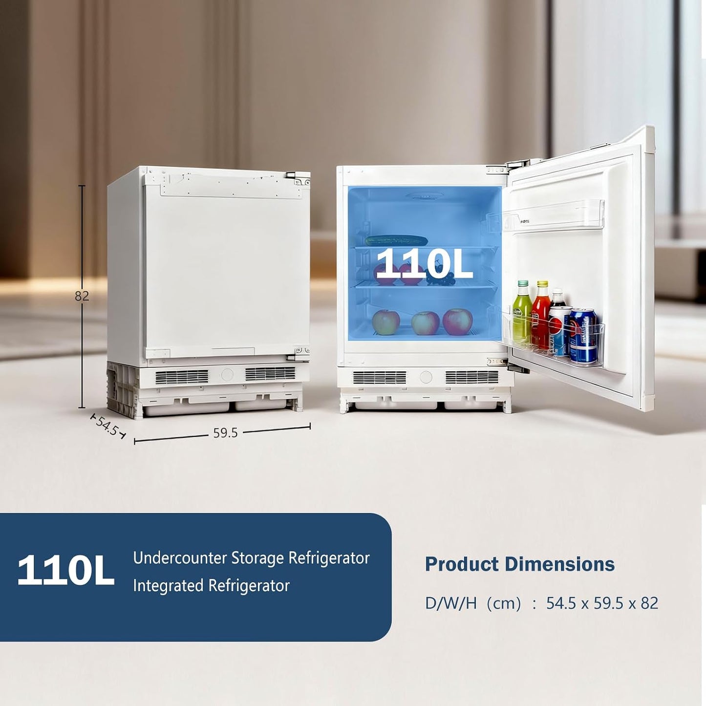 Integrated Under Counter Fridge 110L LED Light Reversible Door White
