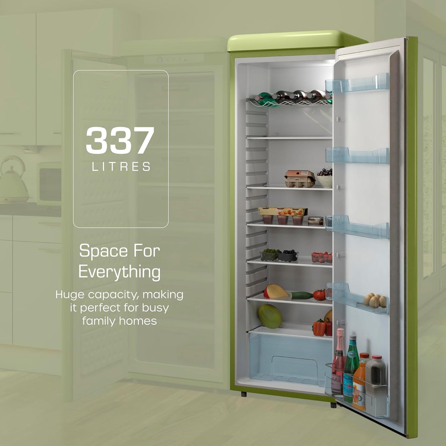 Tall Larder Fridge 337L 5 Shelves Frost Free Green