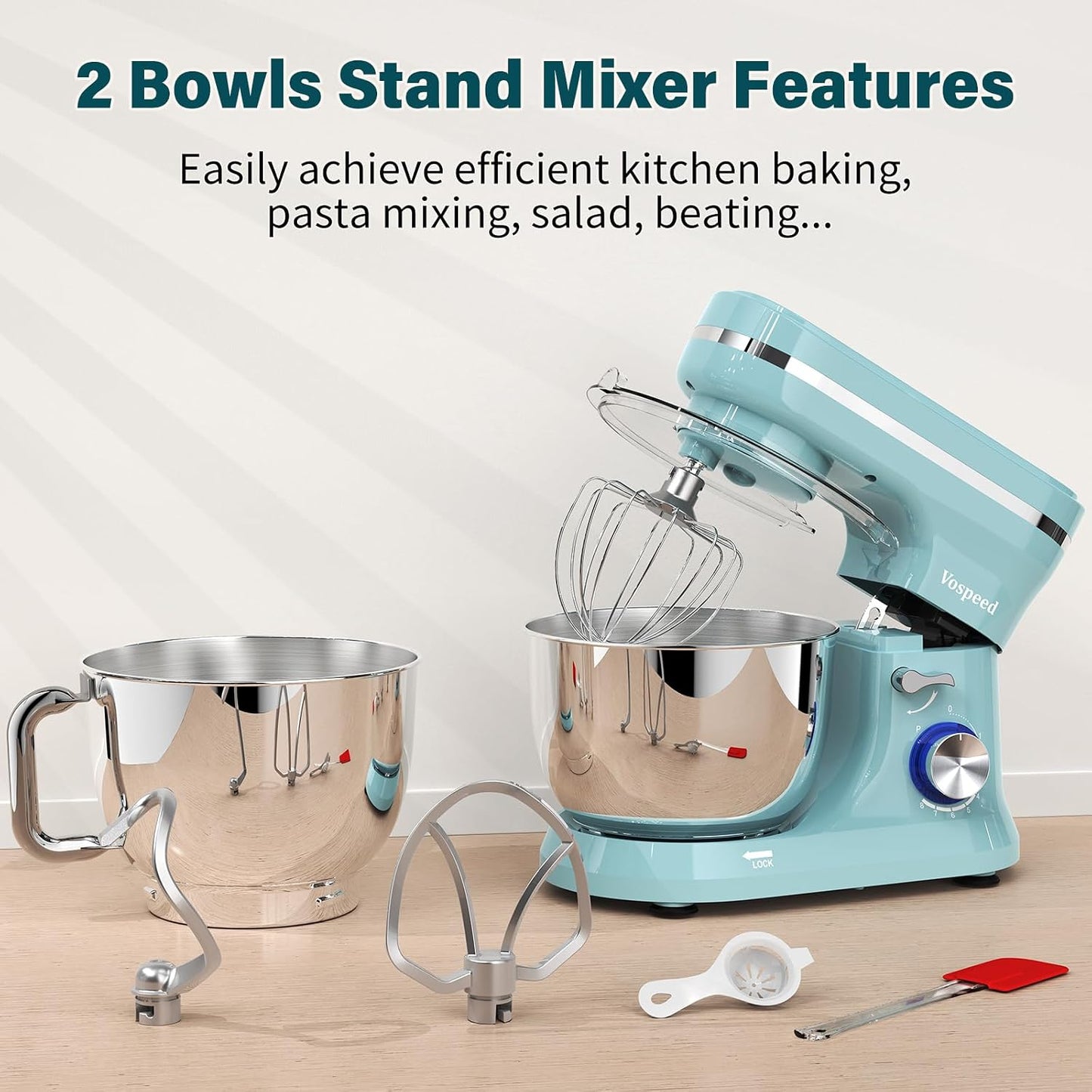 Stand Mixer 4.5L+5L Bowls 8-Speed 1000W Tilt-Head Blue