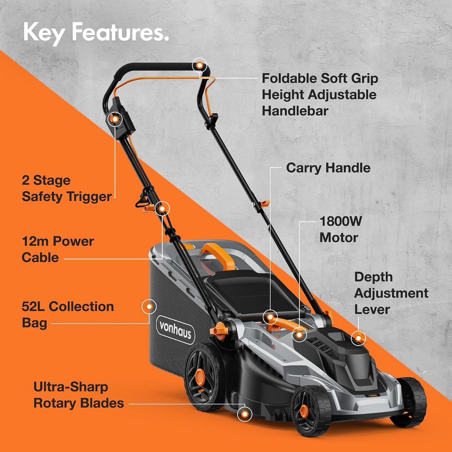 Corded Electric Hover Lawn Mower 1800W 43cm 52L 5 Heights Orange Grey
