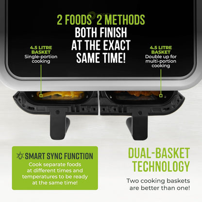 Dual Basket Air Fryer 9L 2400W 8 Presets Sync Function Black