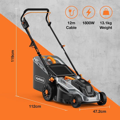 Corded Electric Hover Lawn Mower 1800W 43cm 52L 5 Heights Orange Grey
