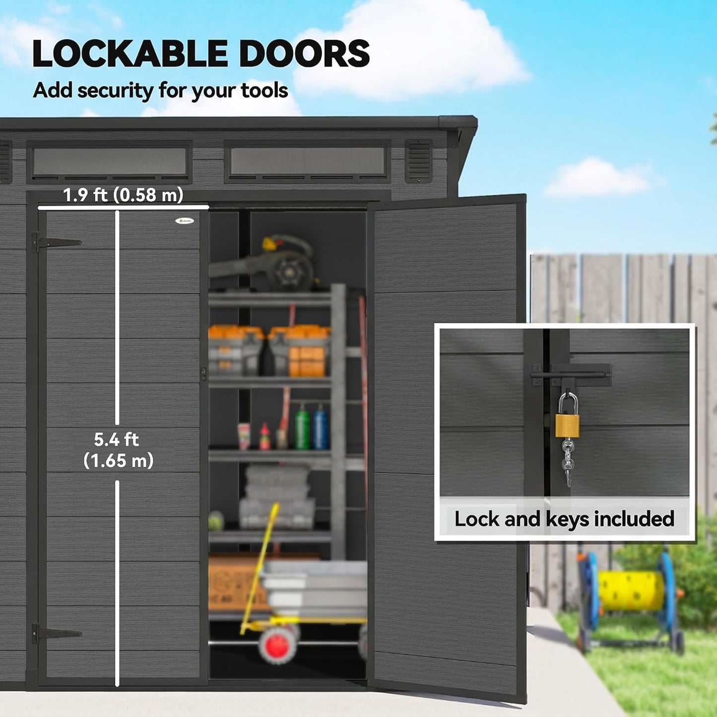 Plastic Garden Storage Shed 6 X 6 Ft Dark Grey Aluminium Frame Double Doors