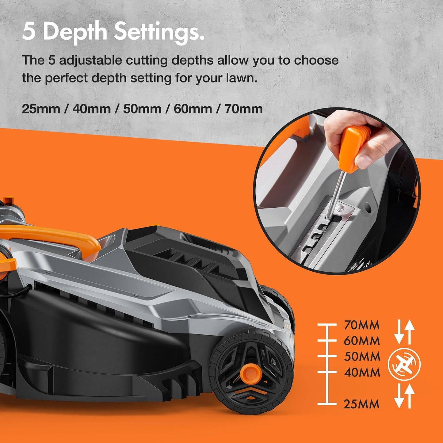 Corded Electric Hover Lawn Mower 1800W 43cm 52L 5 Heights Orange Grey