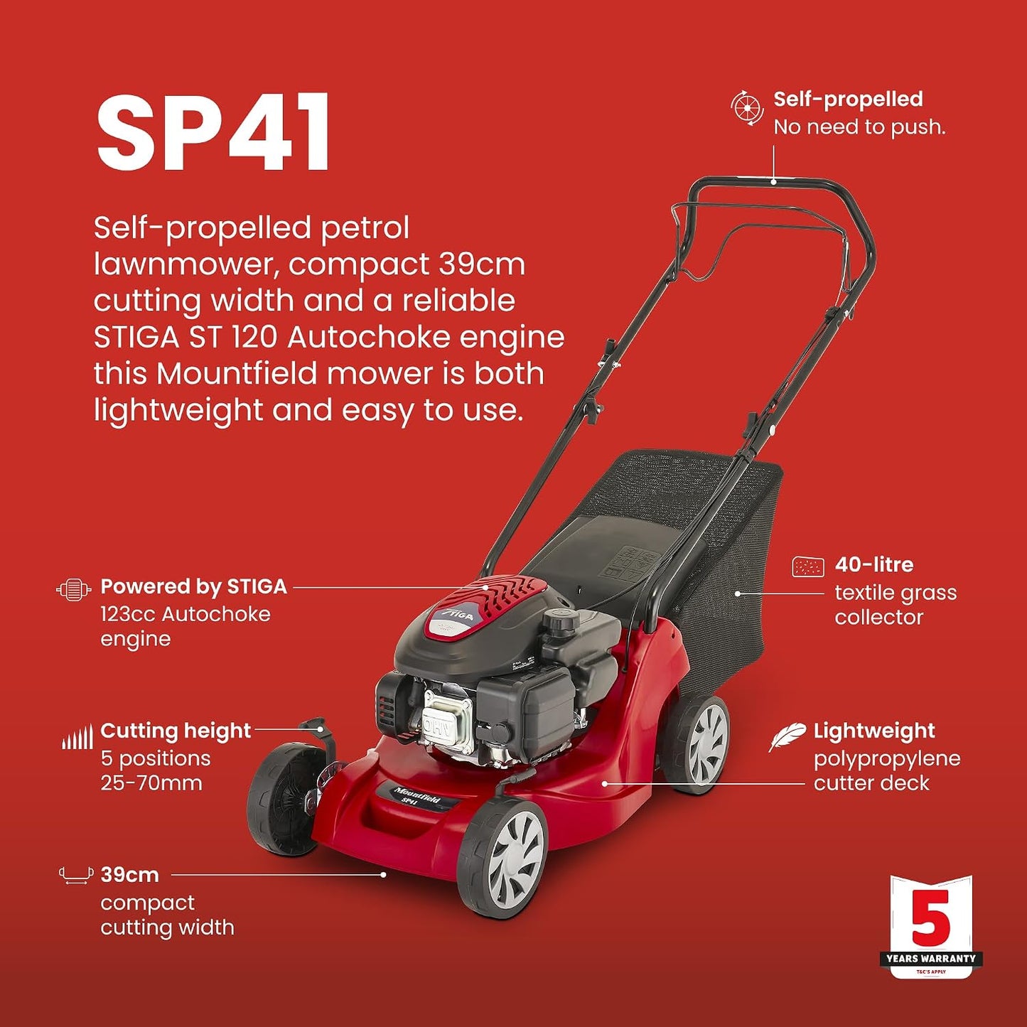 Self-Propelled Petrol Lawnmower 39cm 123cc 40L Grass Collector Red