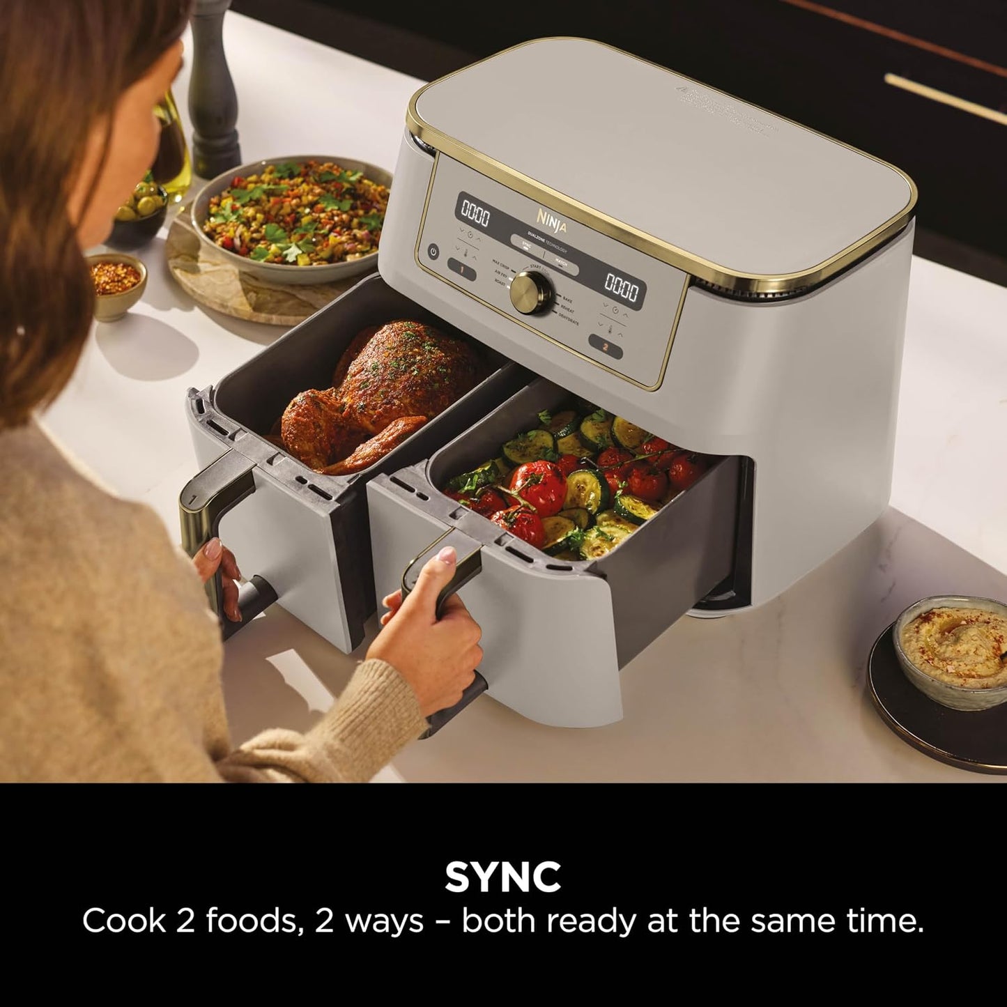 Dual Zone Digital Air Fryer 9.5L 6-in-1 Stone Gold