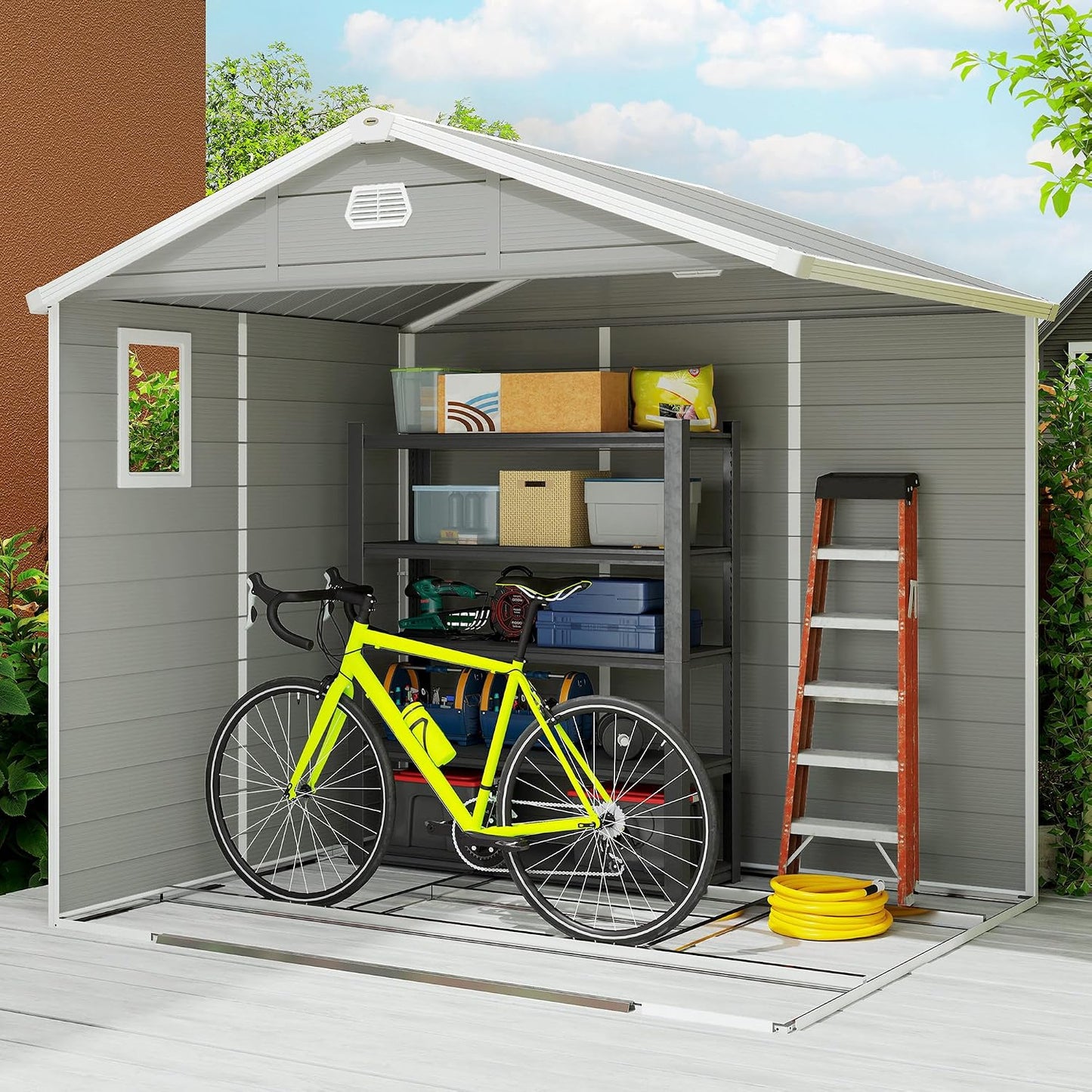 Plastic Garden Storage Shed 8 X 6 Ft Light Grey Aluminium Frame Lockable Door