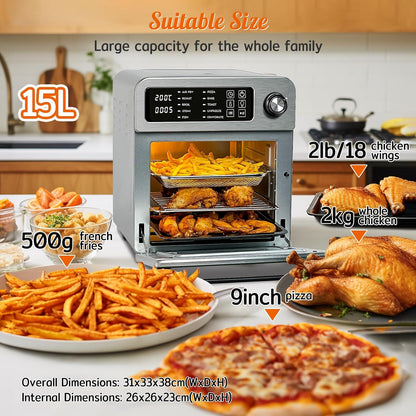 Air Fryer Oven 15L 1700W 10-in-1 Digital Knob Silver