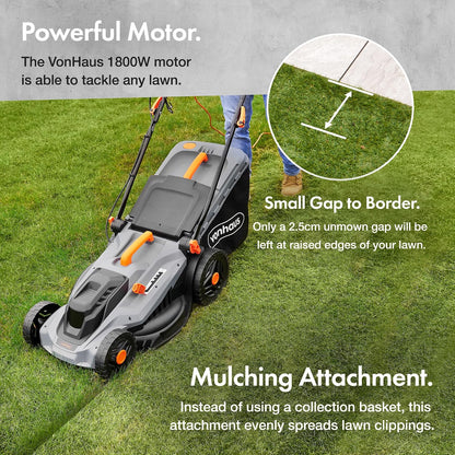 Corded Electric Hover Lawn Mower 1800W 43cm 52L 5 Heights Orange Grey