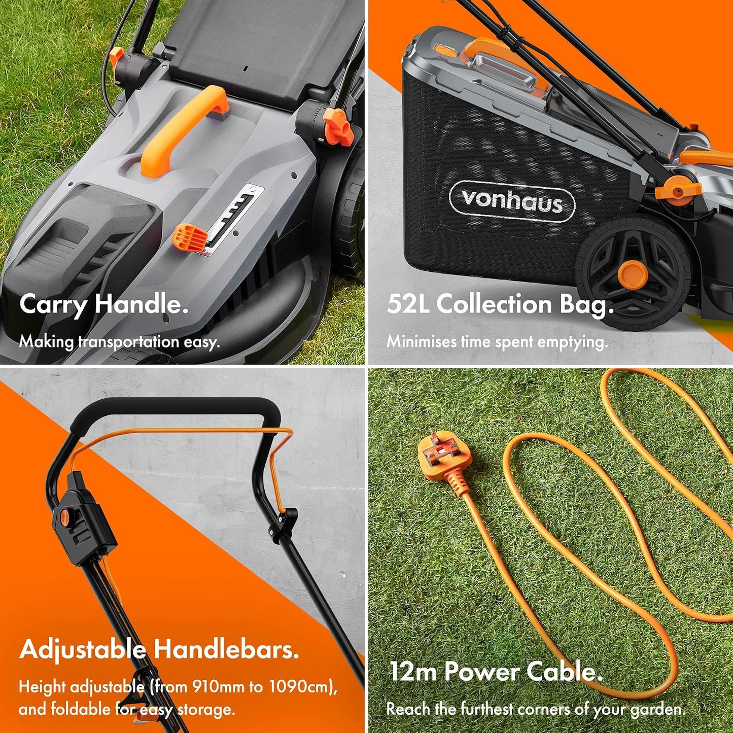 Corded Electric Hover Lawn Mower 1800W 43cm 52L 5 Heights Orange Grey