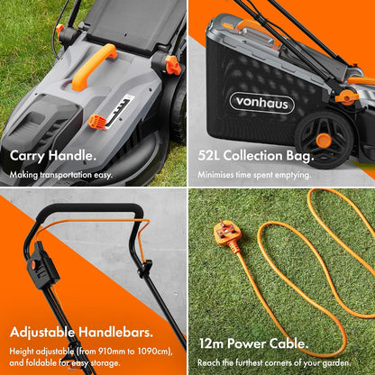 Corded Electric Hover Lawn Mower 1800W 43cm 52L 5 Heights Orange Grey