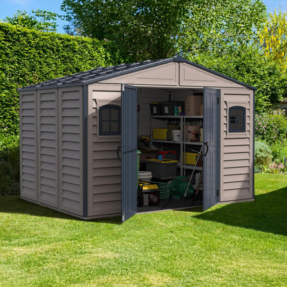 Plastic Garden Storage Shed 10.5 X 8 Ft Double Doors Lockable Dark Grey