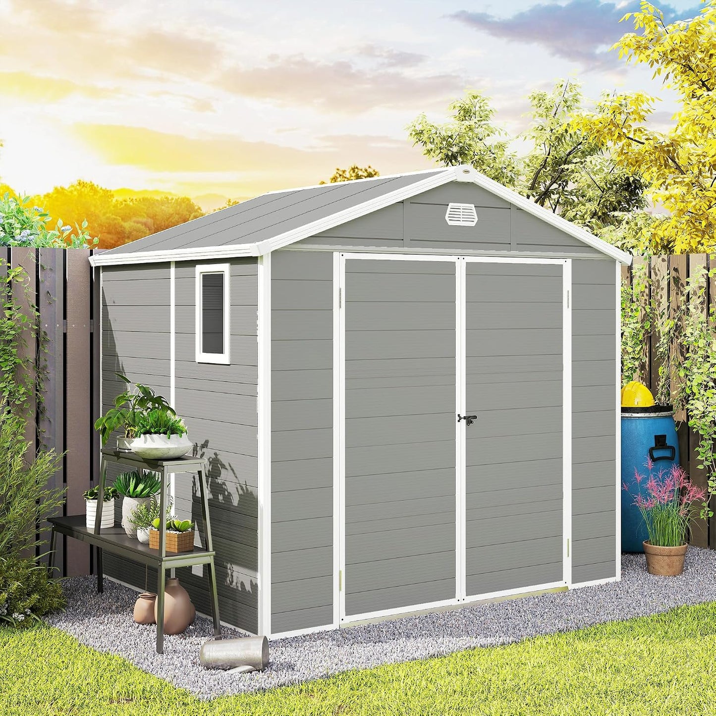 Plastic Garden Storage Shed 8 X 6 Ft Light Grey Aluminium Frame Lockable Door