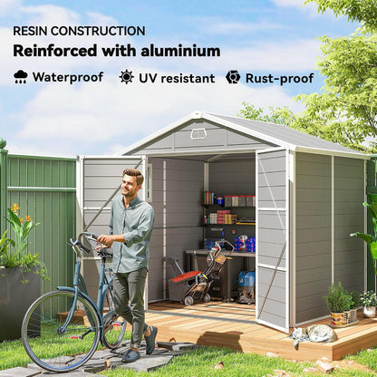 Plastic Garden Storage Shed 8 X 6 Ft Light Grey Aluminium Frame Lockable Door