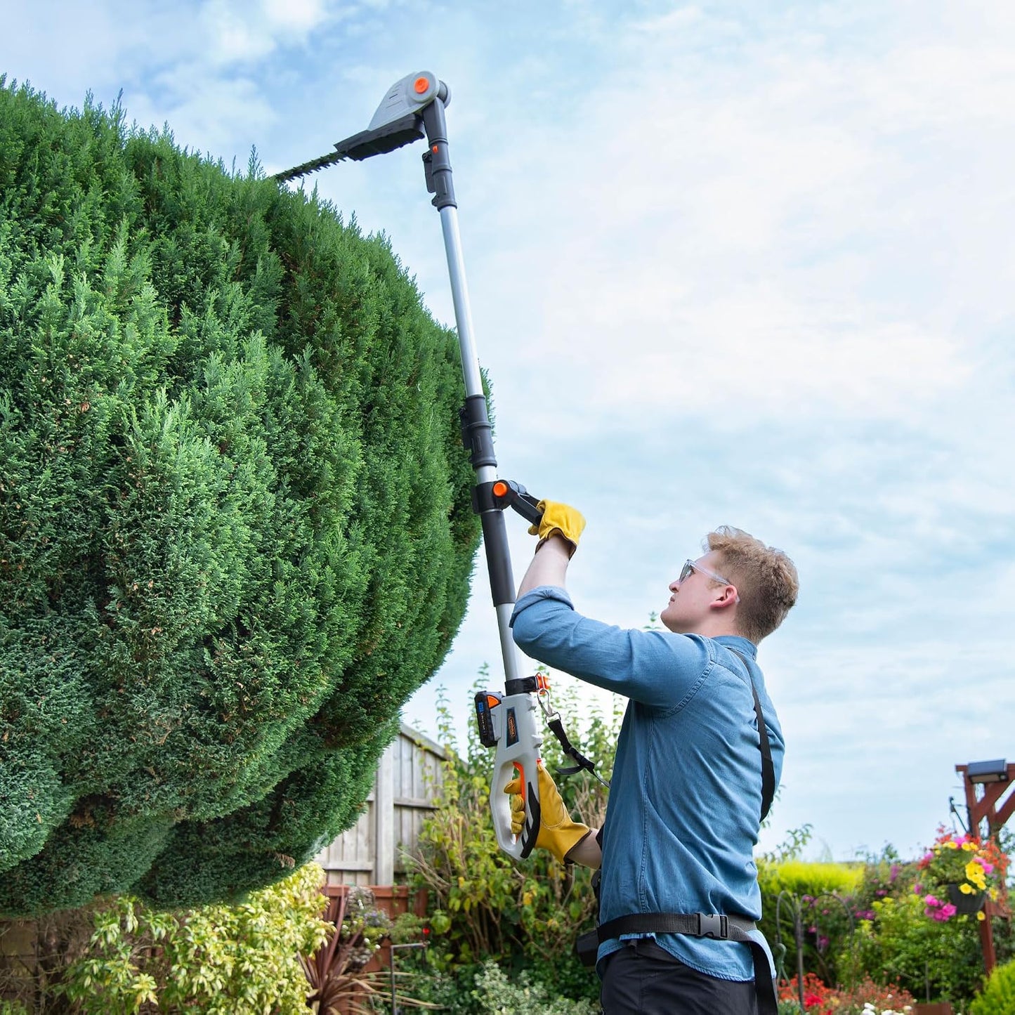 Cordless Pole Hedge Trimmer 193-244Cm 20V 2 Batteries Harness Grey