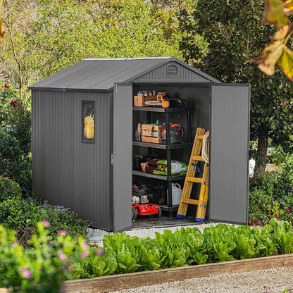 Outdoor Garden Storage Shed 6 X 8 Ft Grey Resin Double Doors