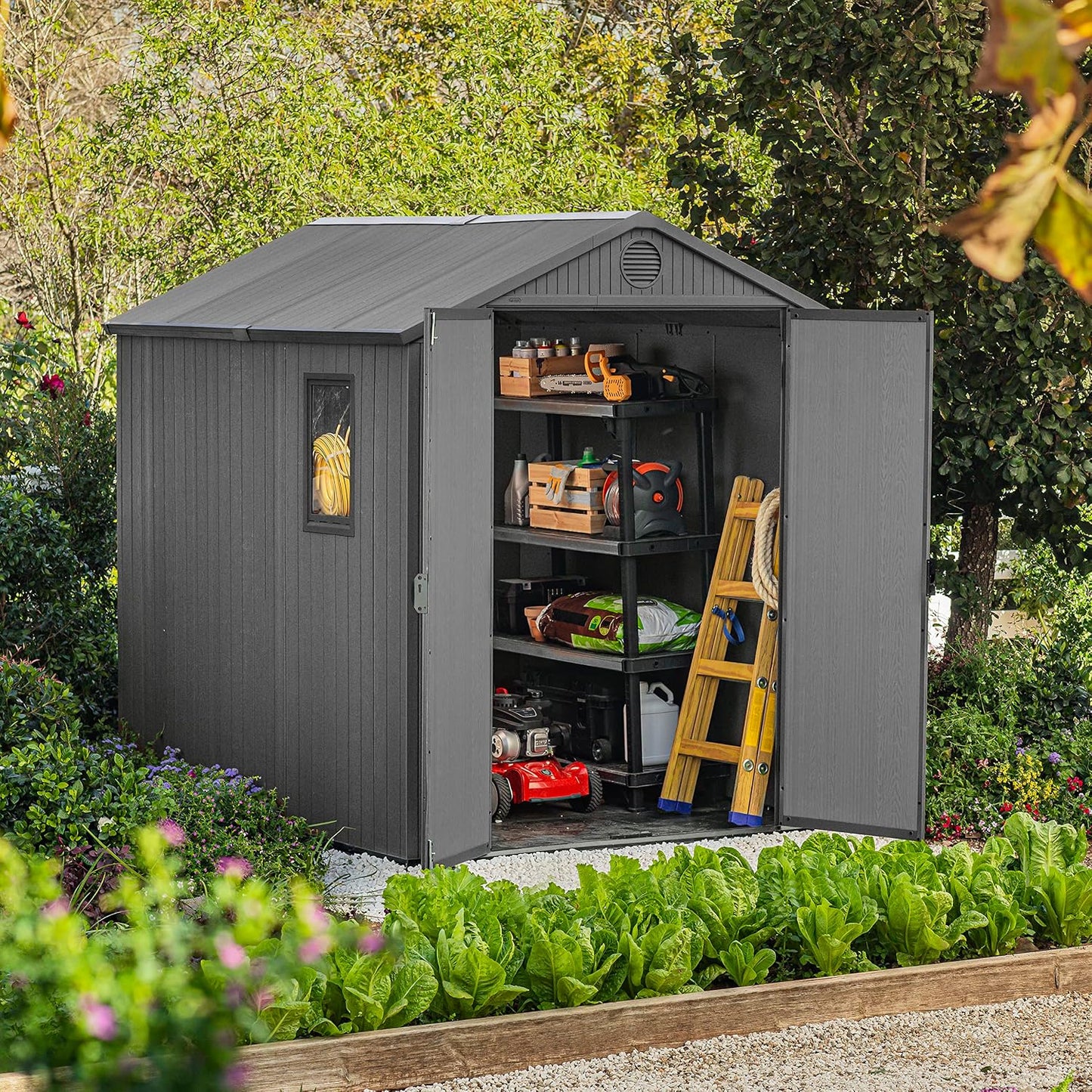 Garden Storage Shed 6 X 8 Ft Grey Resin Double Doors