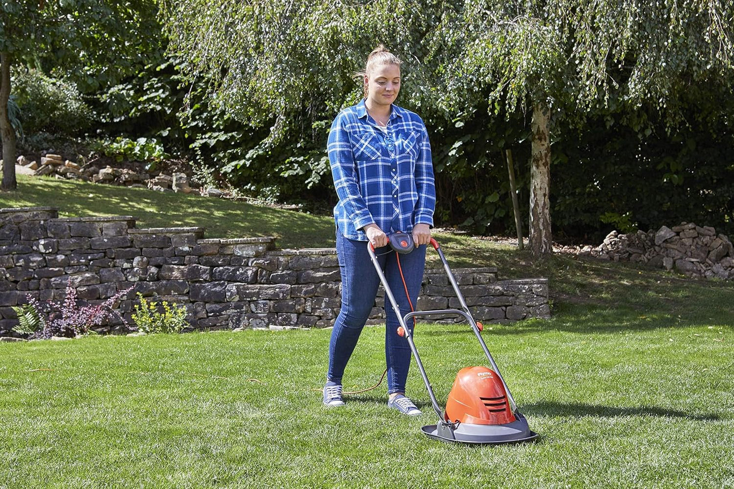 Electric Hover Lawn Mower 1400W 25cm 3 Heights 10m Cable Orange Grey